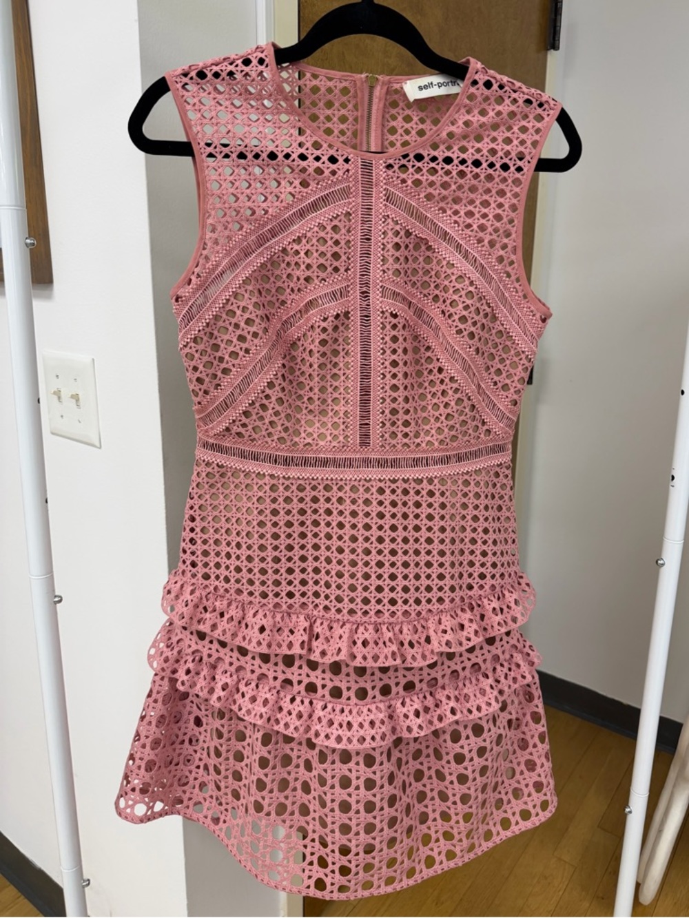 SELF PORTRAIT Cross Hatch Frill Mini Dress in Pink Sz 6 EUC Event Romantic Lux - Picture 6 of 16